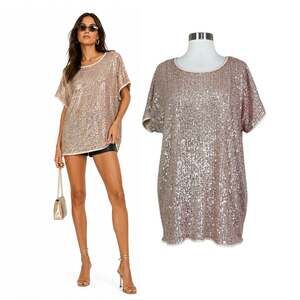 Talulah | Women's Gold Sequin Short Sleeve Dressy Sparkle Blouse Top Size Large